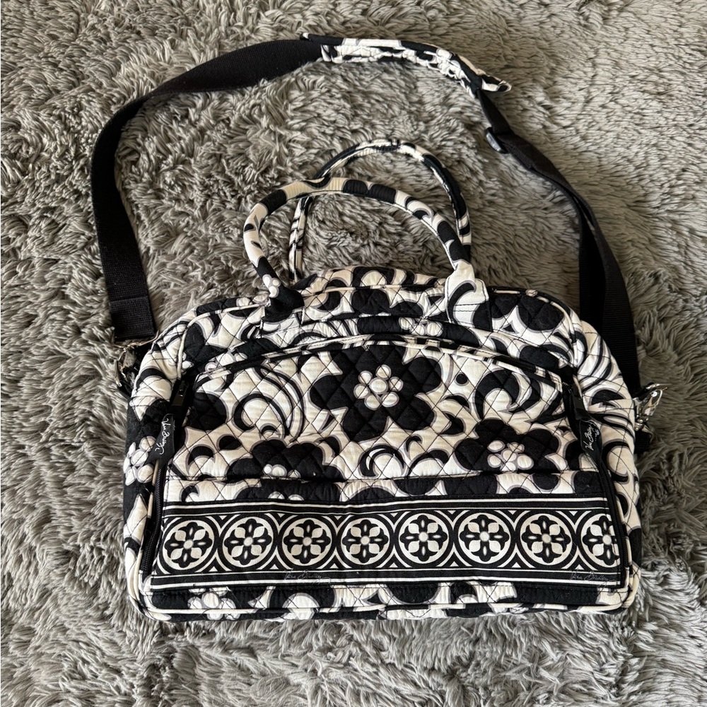 Vera Bradley Night & Day Laptop Bag Duffel Black White Floral Shoulder Strap
